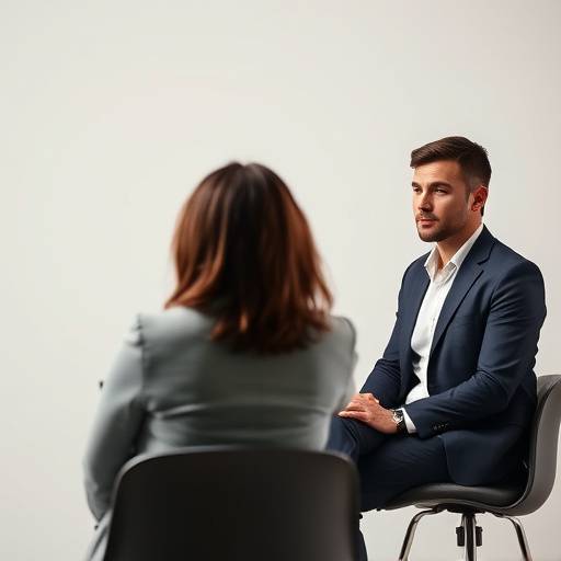 Twee mensen die een oefen sollicitatiegesprek voeren.